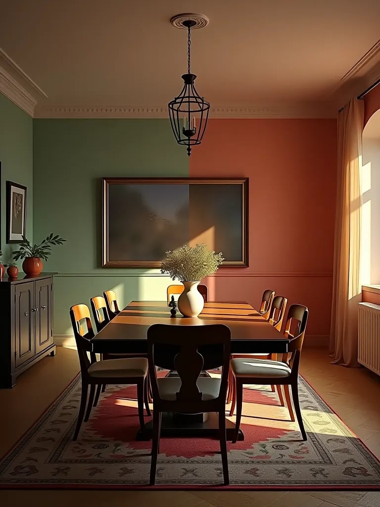 Dining room paint color comparison in daylight and evening light