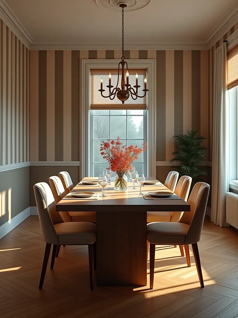 Dining room wall with paint swatches in various lights