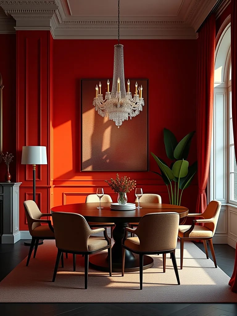 Dining room with bold accent wall and dramatic lighting
