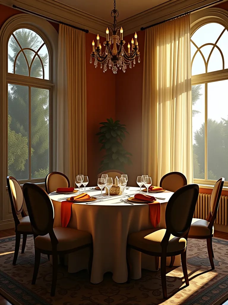 Dining room with large windows showing changing light and wall color