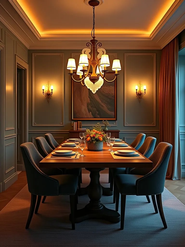 Dining room with smart lighting showing paint color changes