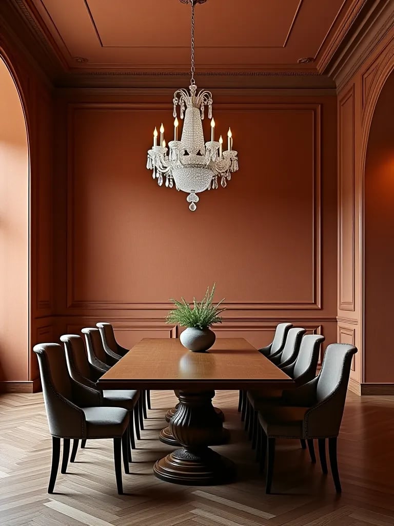 Dining room with textured Venetian plaster walls and crystal chandelier