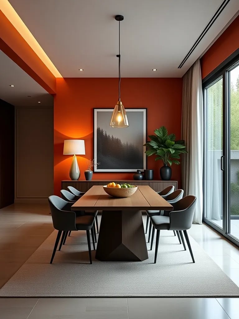 Dining space defined by painted accent wall