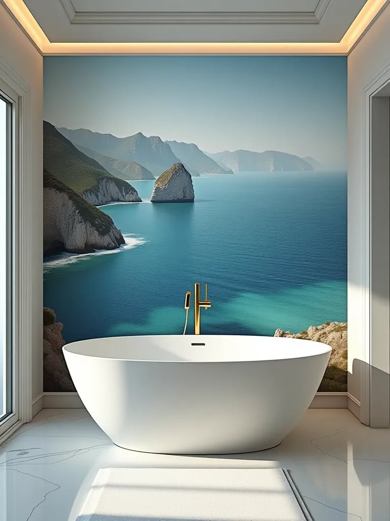 Dramatic bathroom featuring ocean wallpaper and gold fixtures