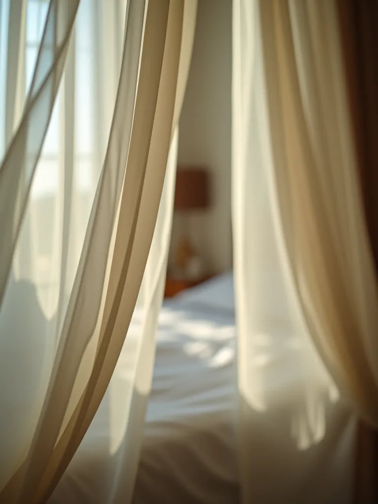 Dreamy bedroom scene with billowing curtains