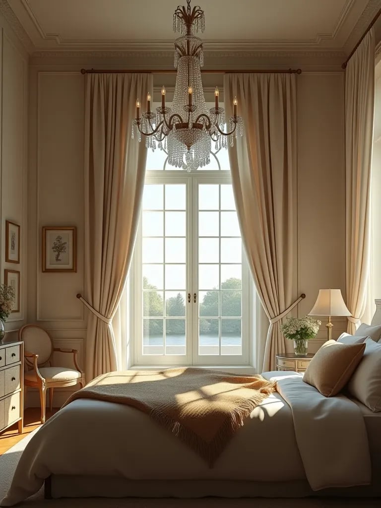 Dreamy bedroom with soft chandelier light