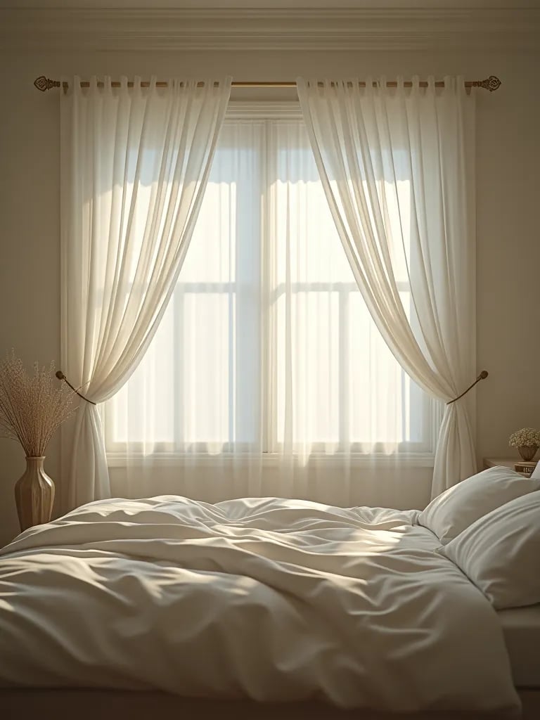 Dreamy white bedroom with soft curtain lighting