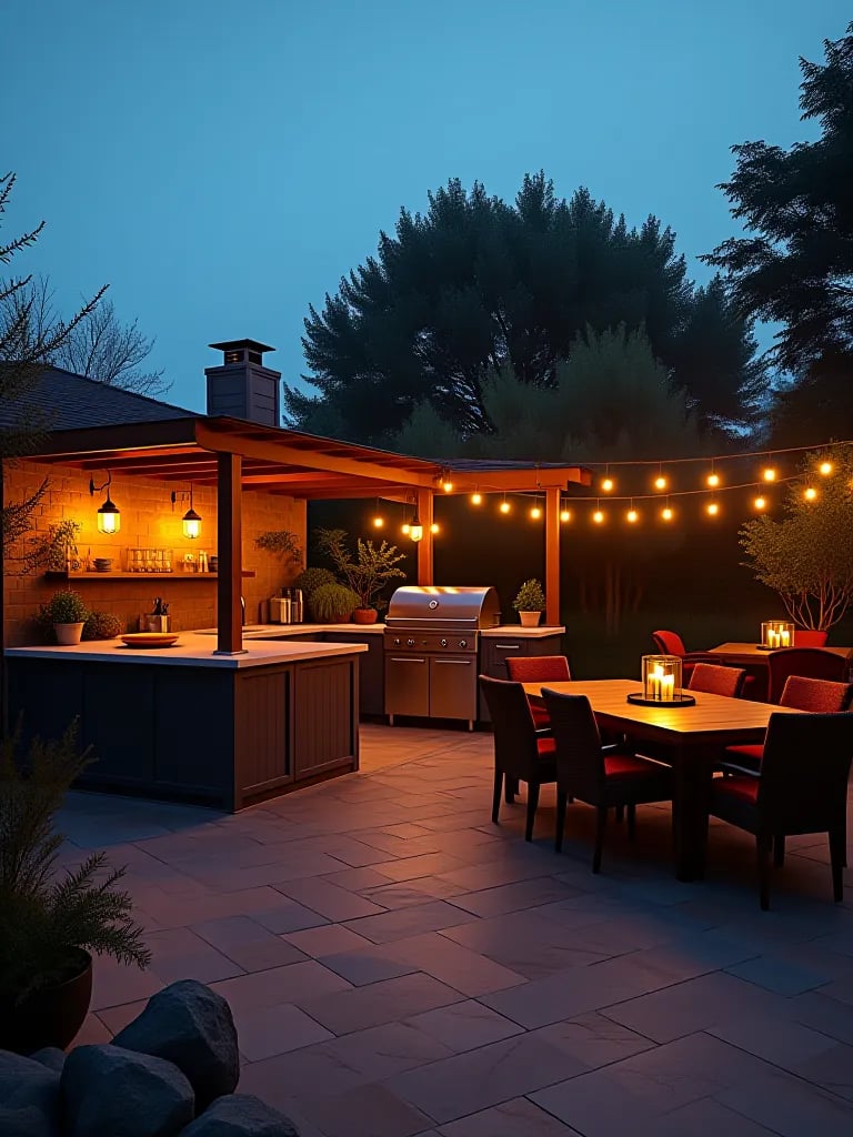 Dusk scene of outdoor kitchen with diverse lighting elements