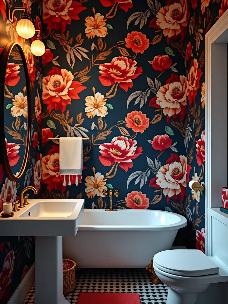 Eclectic bathroom with vibrant floral wallpaper
