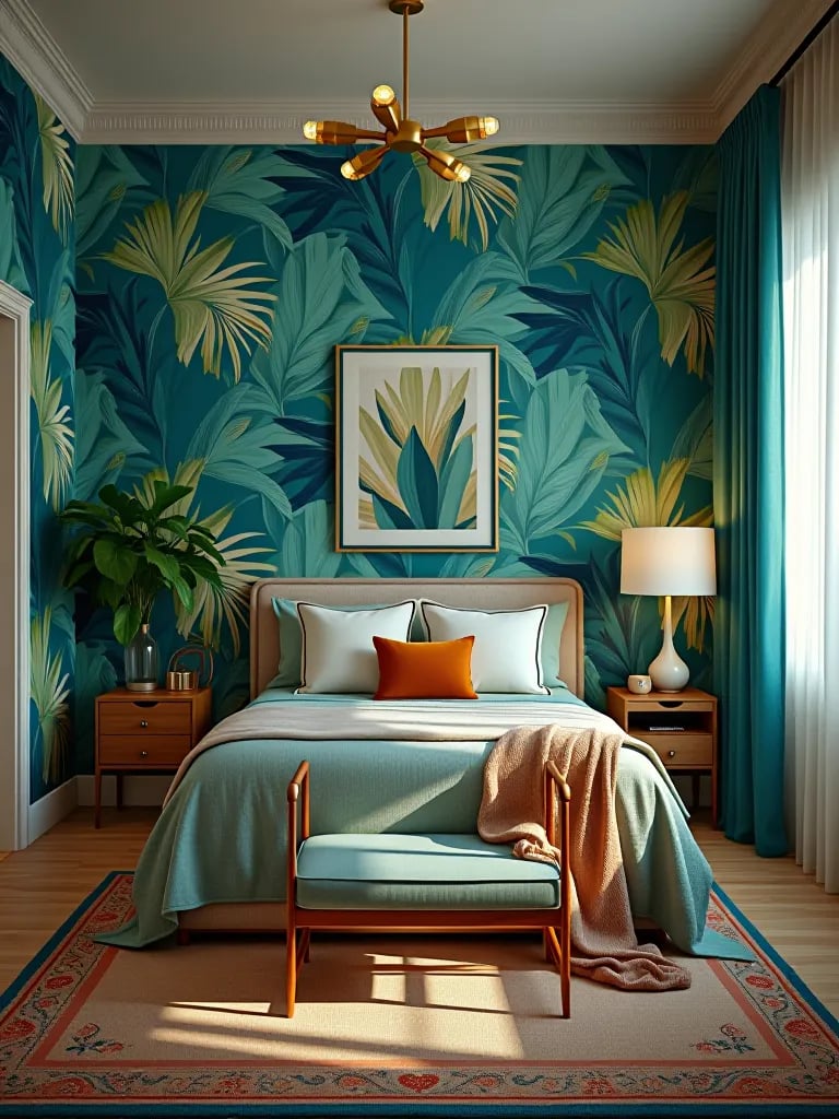 Eclectic bedroom with tropical leaf wallpaper