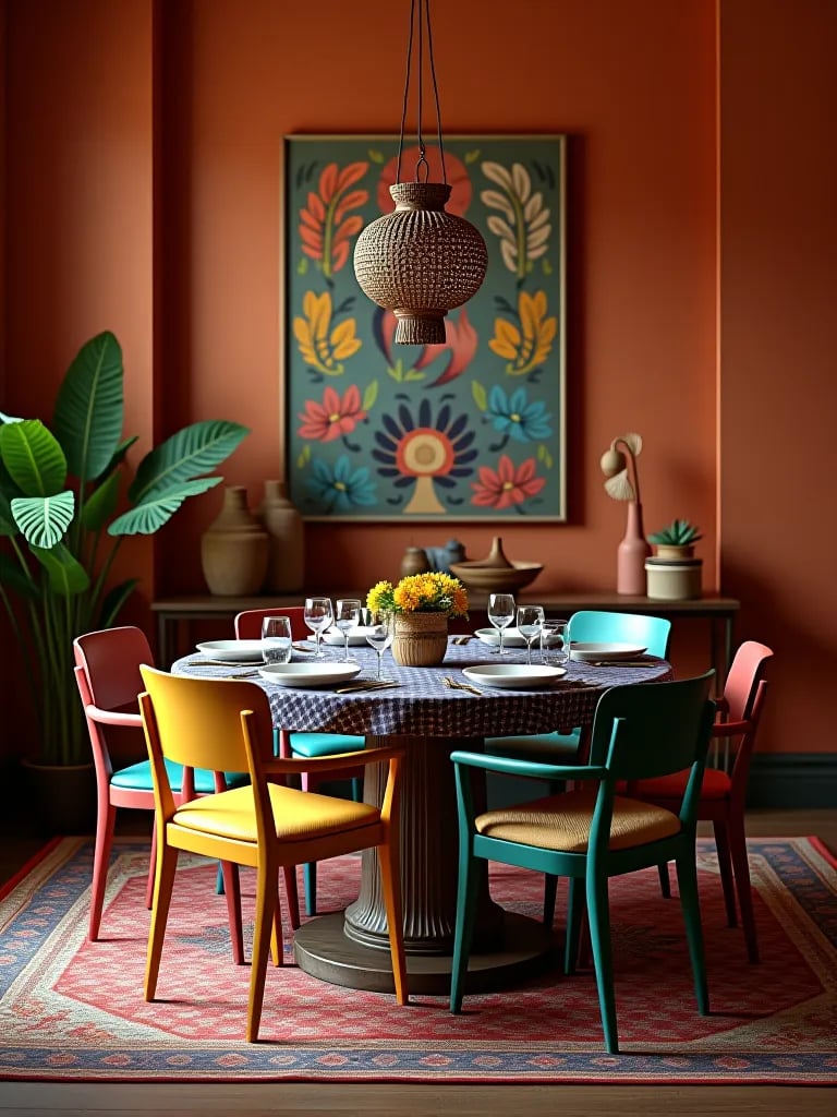 Eclectic boho dining room featuring terracotta walls