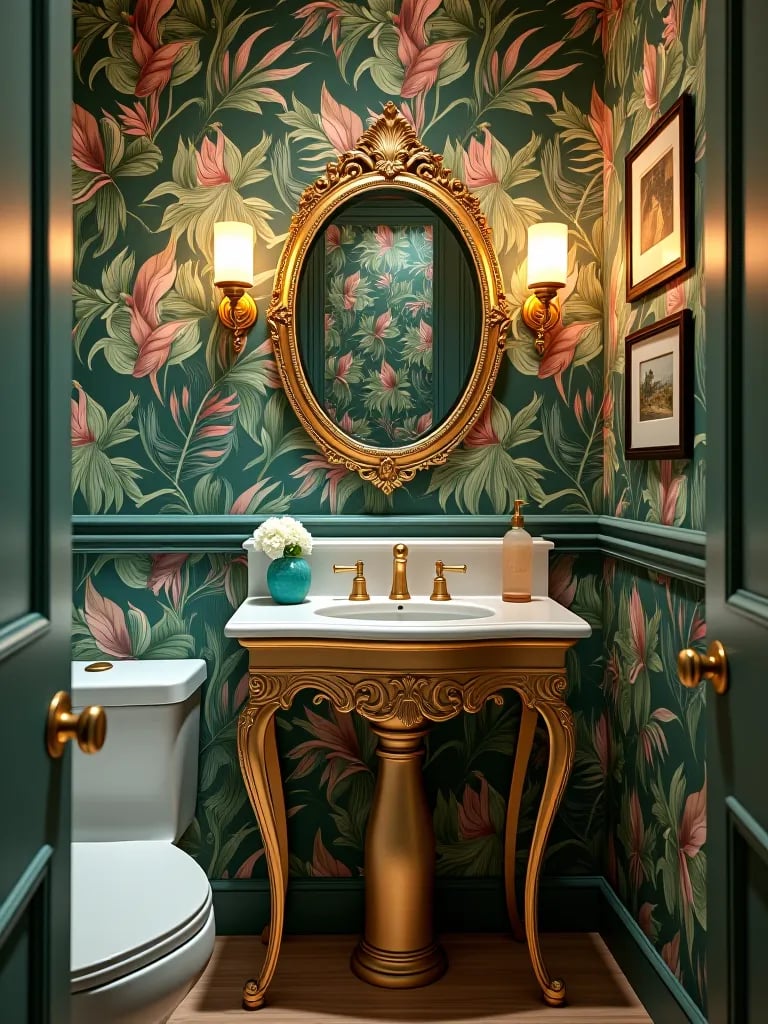 Eclectic powder room with tropical leaf wallpaper