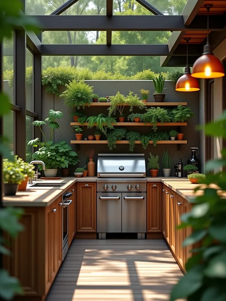 Eco friendly outdoor kitchen with solar appliances and herb wall