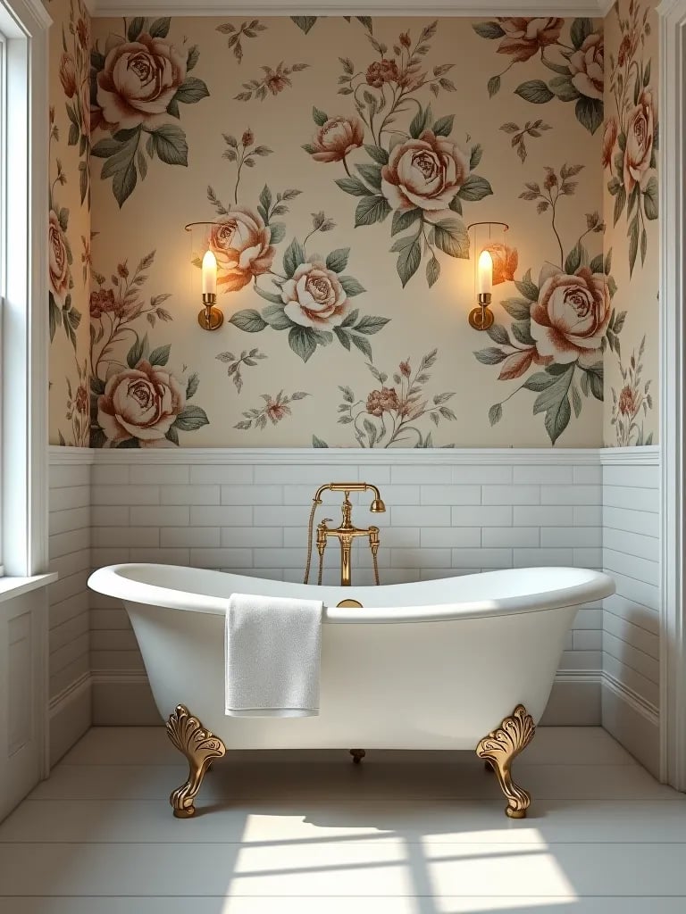 Elegant bathroom design with wallpaper and tile combination