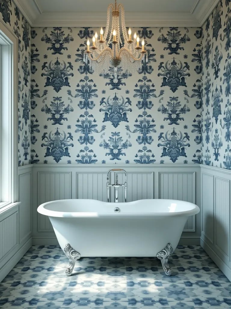 Elegant bathroom with blue and white toile wallpaper