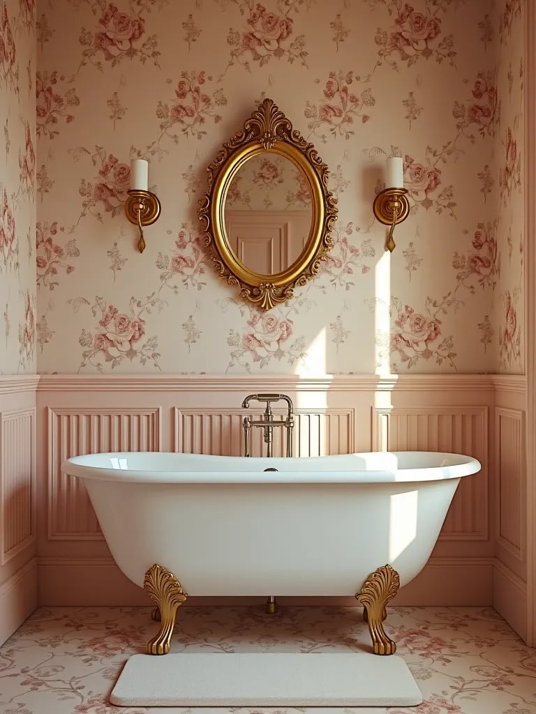 Elegant bathroom with floral wallpaper and gold accents