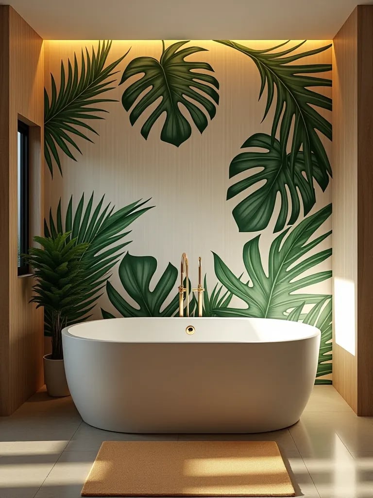 Elegant bathroom with nature inspired wallpaper and modern fixtures