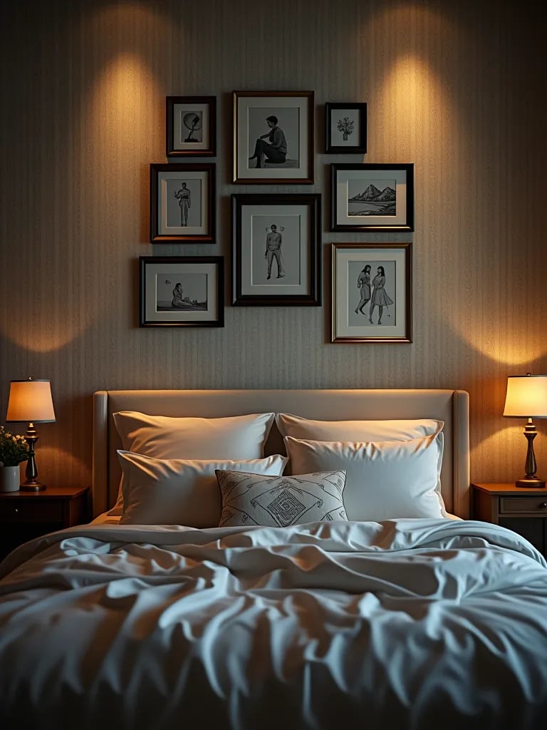 Elegant bedroom focal point with textured wall and soft lighting