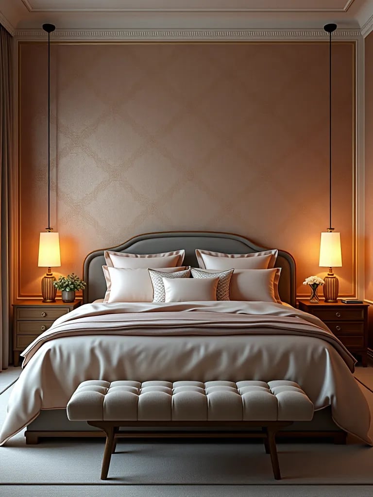 Elegant bedroom with iridescent silk fabric wallpaper