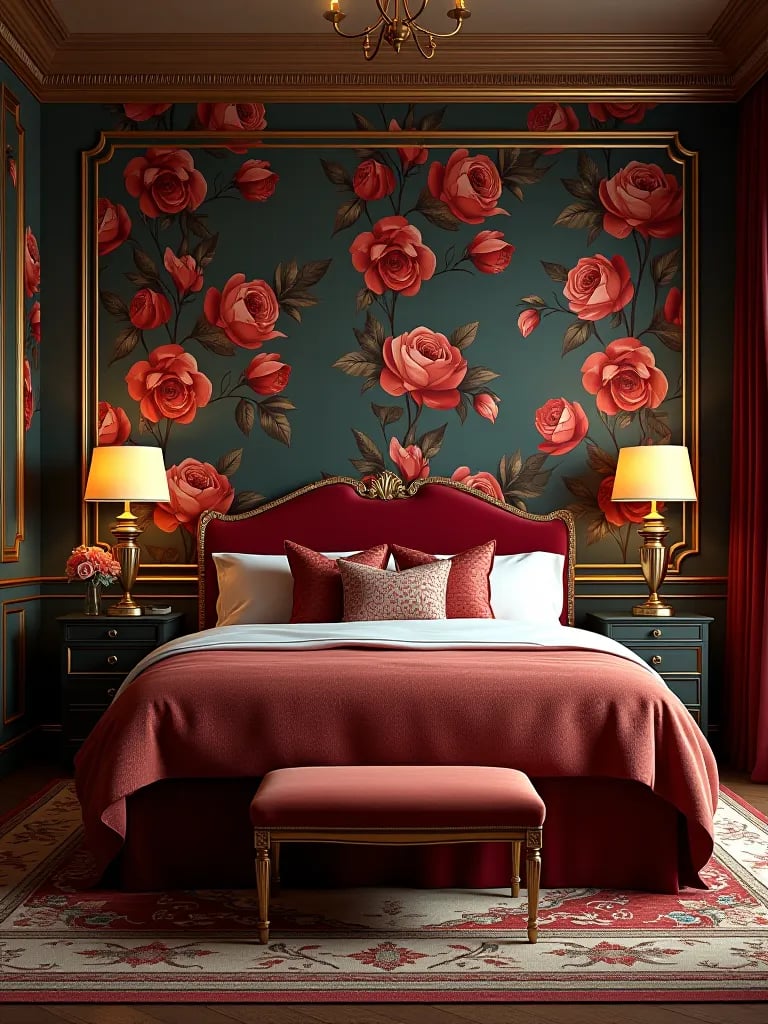 Elegant bedroom with jewel toned floral wallpaper