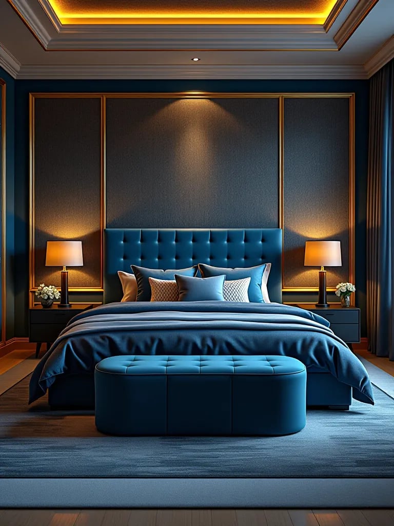 Elegant bedroom with textured metallic wallpaper