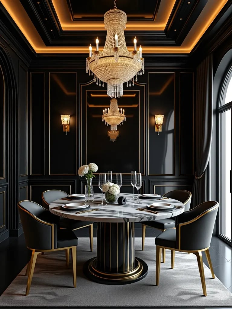 Elegant black and gold dining area with marble table and chandelier