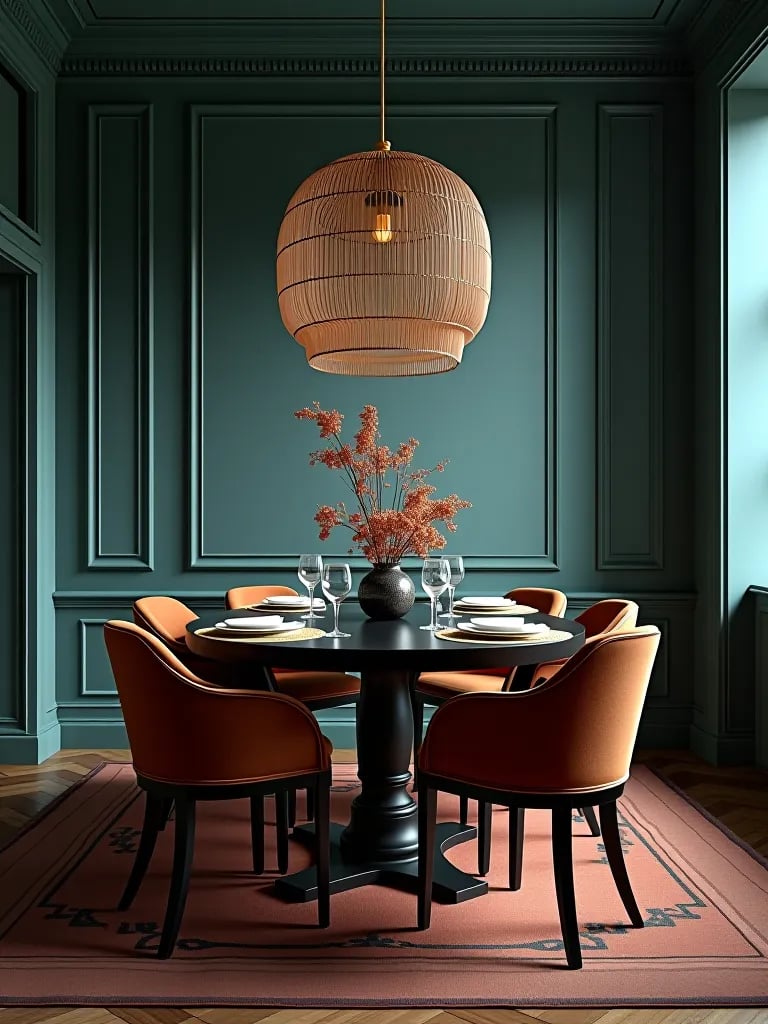 Elegant dining room featuring dramatic accent wall