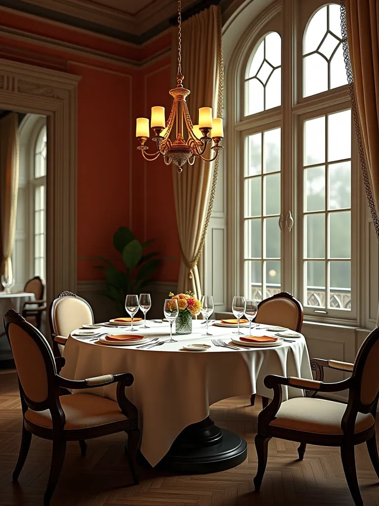 Elegant dining room showcasing natural light effects on wall color