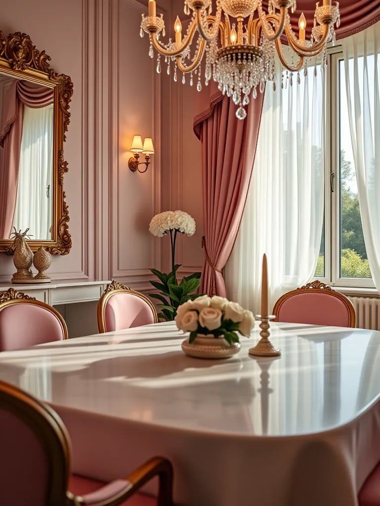 Elegant dining room with blush pink walls