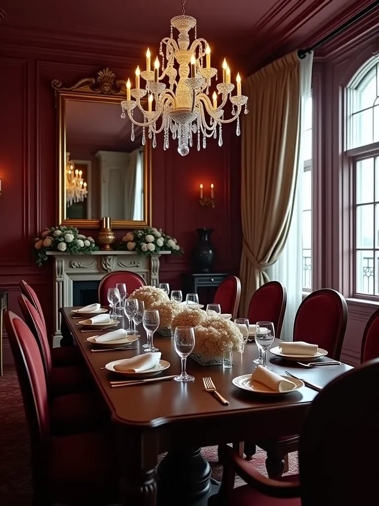 Elegant dining room with burgundy walls and formal table setting