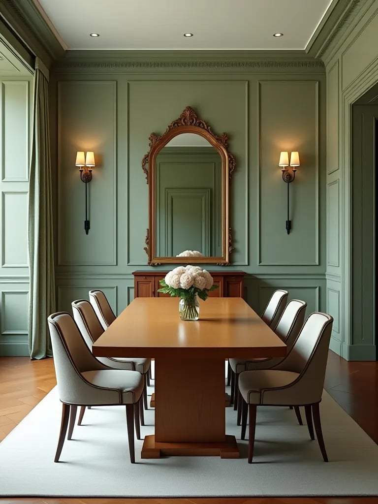 Elegant dining room with sage green walls and long wooden table