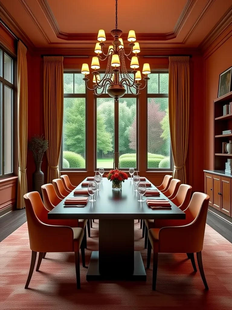 Elegant dining room with terracotta walls and garden view