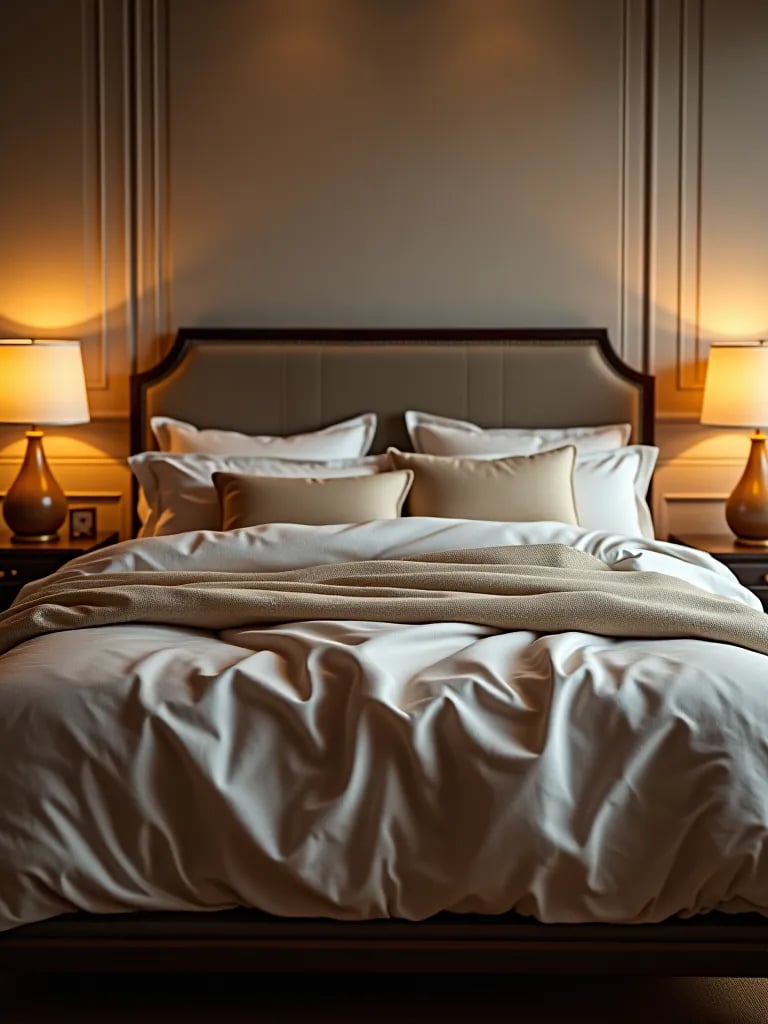 Elegant king bed with textured neutral bedding and soft lighting