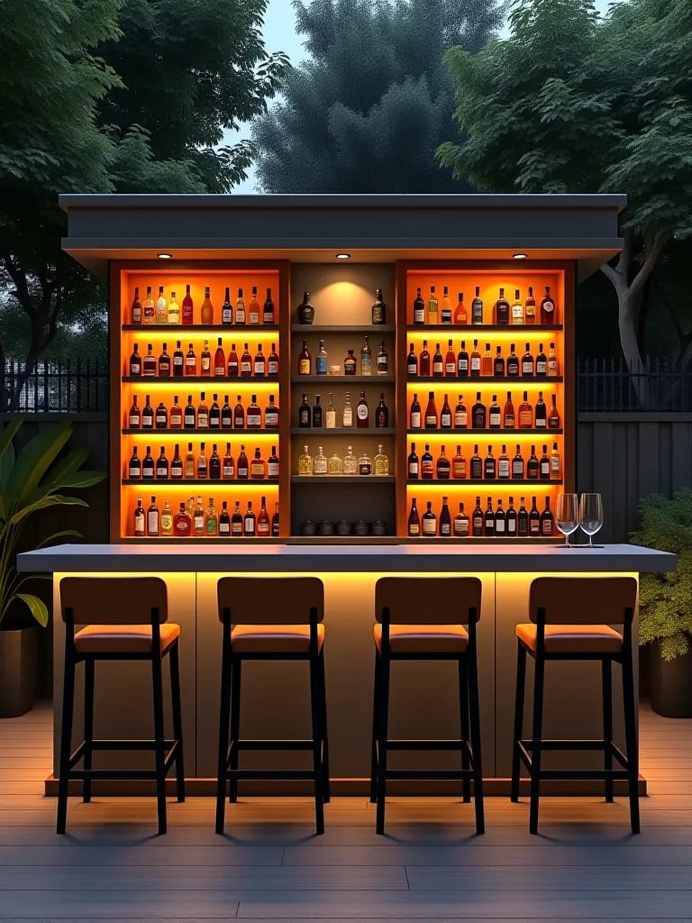 Elegant outdoor bar with concrete countertop and illuminated shelves