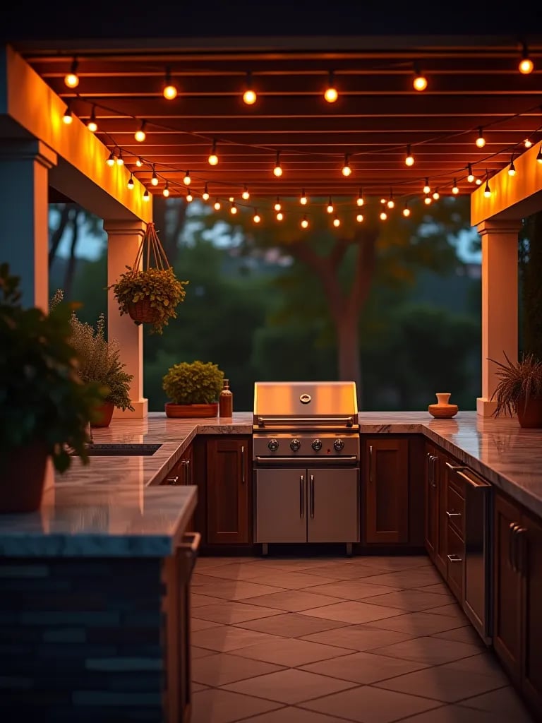 Elegant outdoor kitchen illuminated by string lights