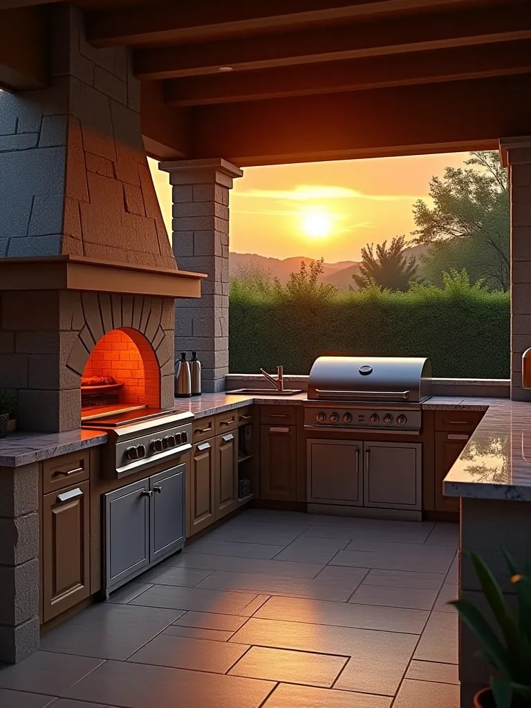 Elegant outdoor kitchen setup with modern appliances and mood lighting