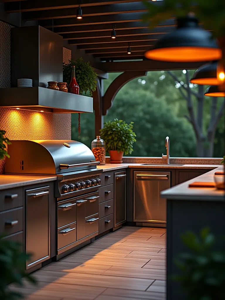 Elegant outdoor kitchen setup with pizza oven and ambient lighting