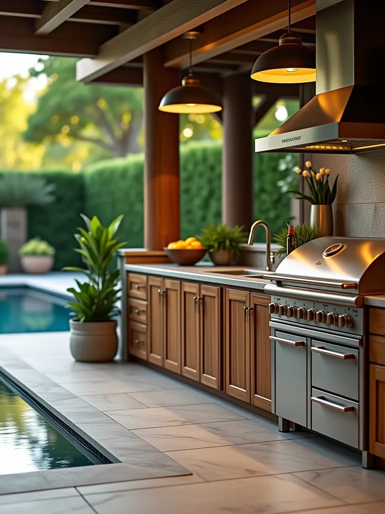 Elegant outdoor kitchen with pool view