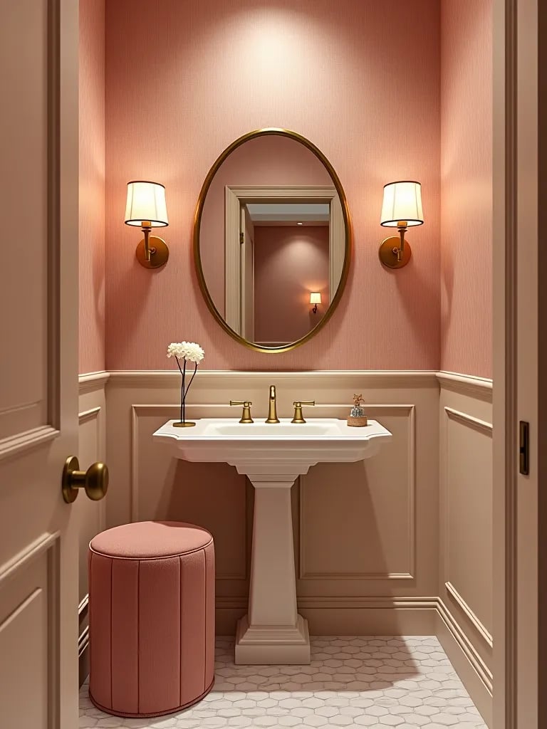 Elegant powder room with blush grasscloth wallpaper