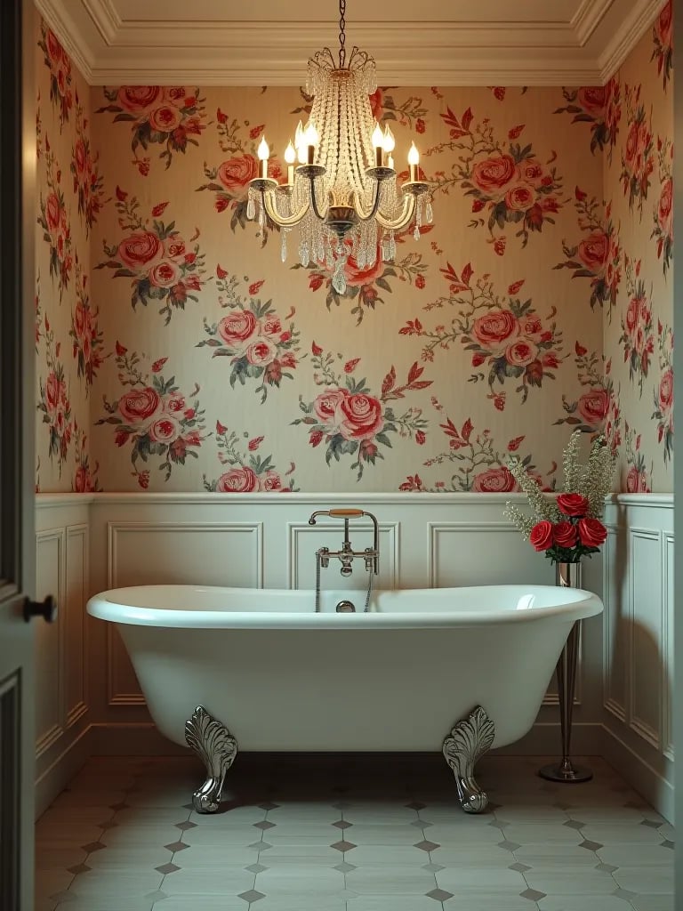 Elegant small bathroom with floral wallpaper and clawfoot tub