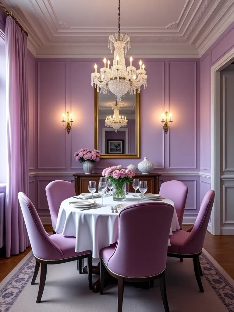 Elegant small dining room with purple walls and mirrored wall