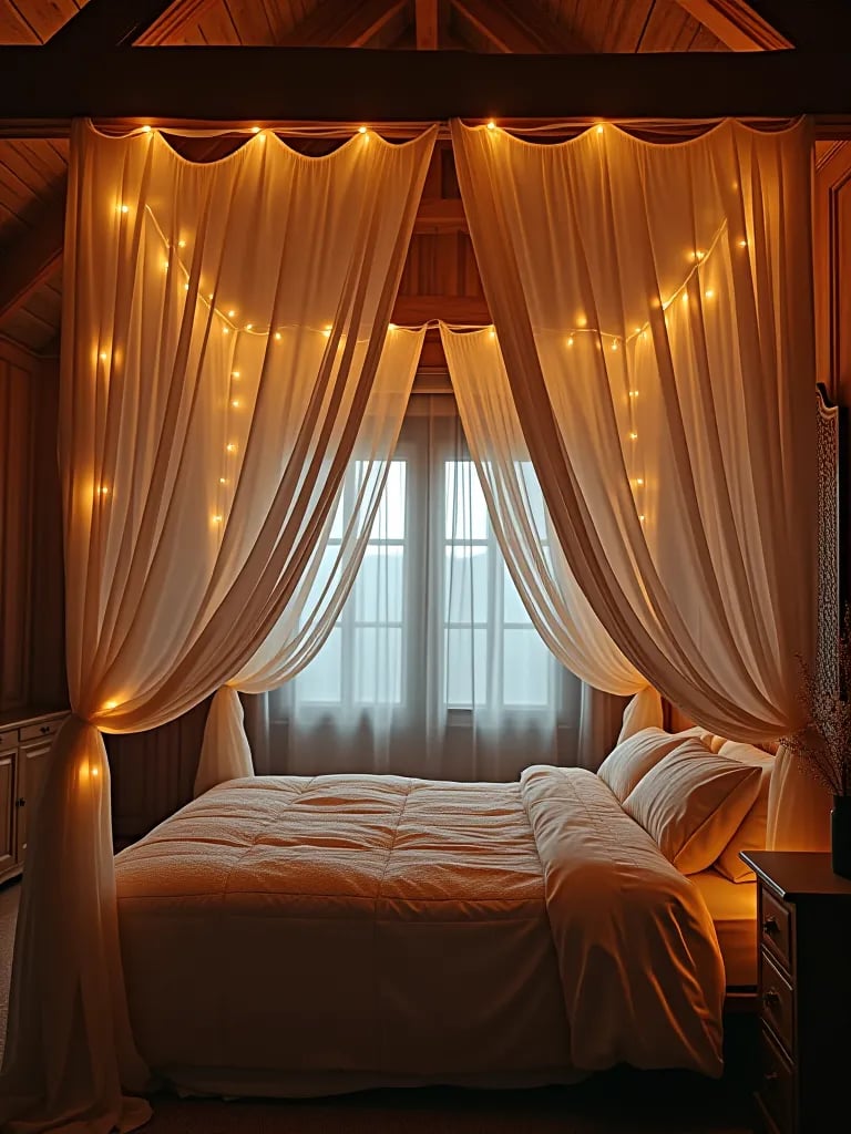 Enchanting bedroom with string light canopy