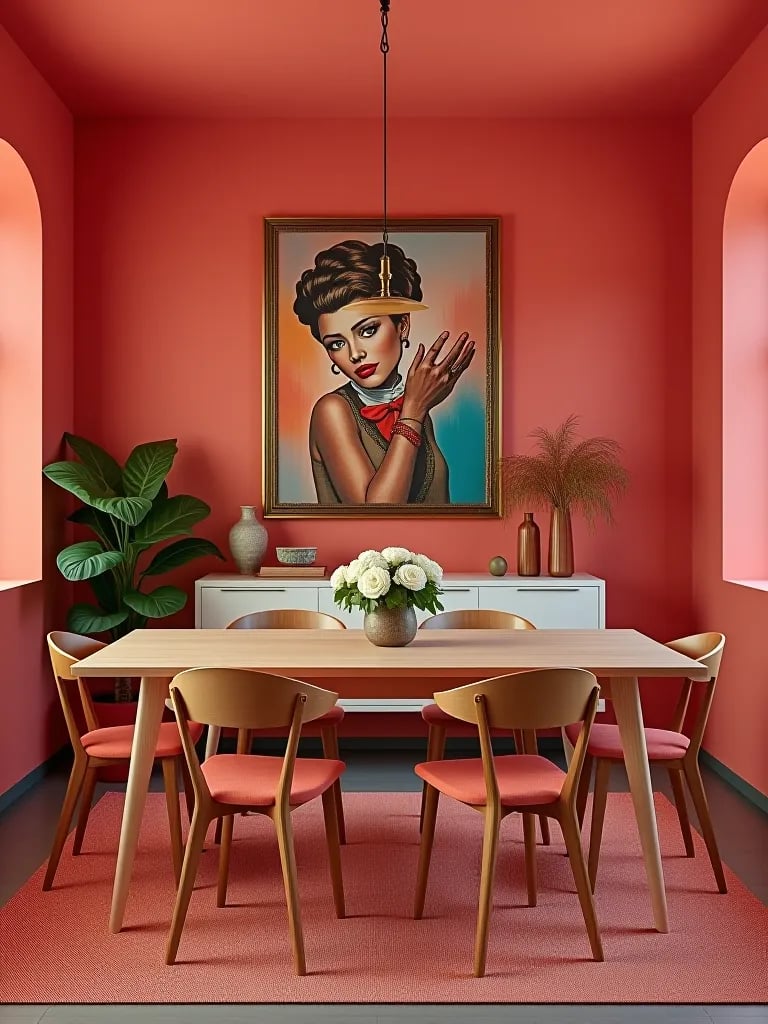Energetic dining space featuring coral colored walls and eclectic artwork