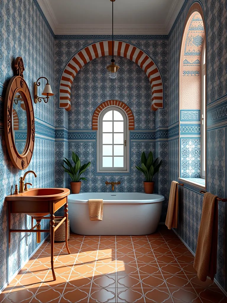 Exotic bathroom featuring Mediterranean inspired wallpaper and tile design