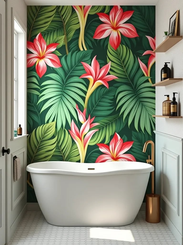 Exotic floral removable wallpaper in bathroom