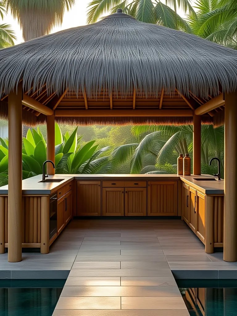 Exotic outdoor kitchen with bamboo and palm trees