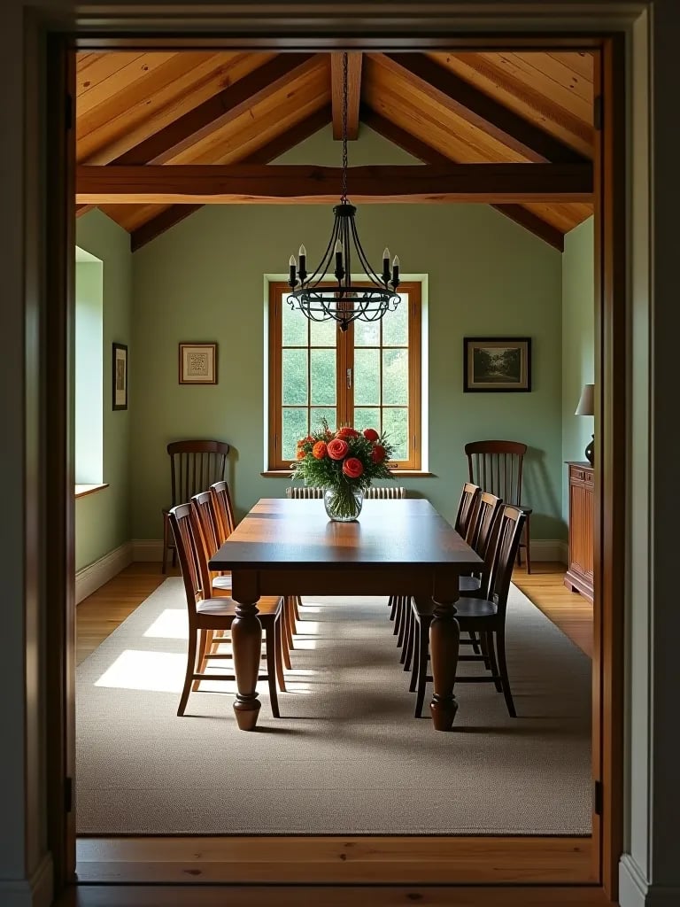 Farmhouse dining room featuring sage green walls