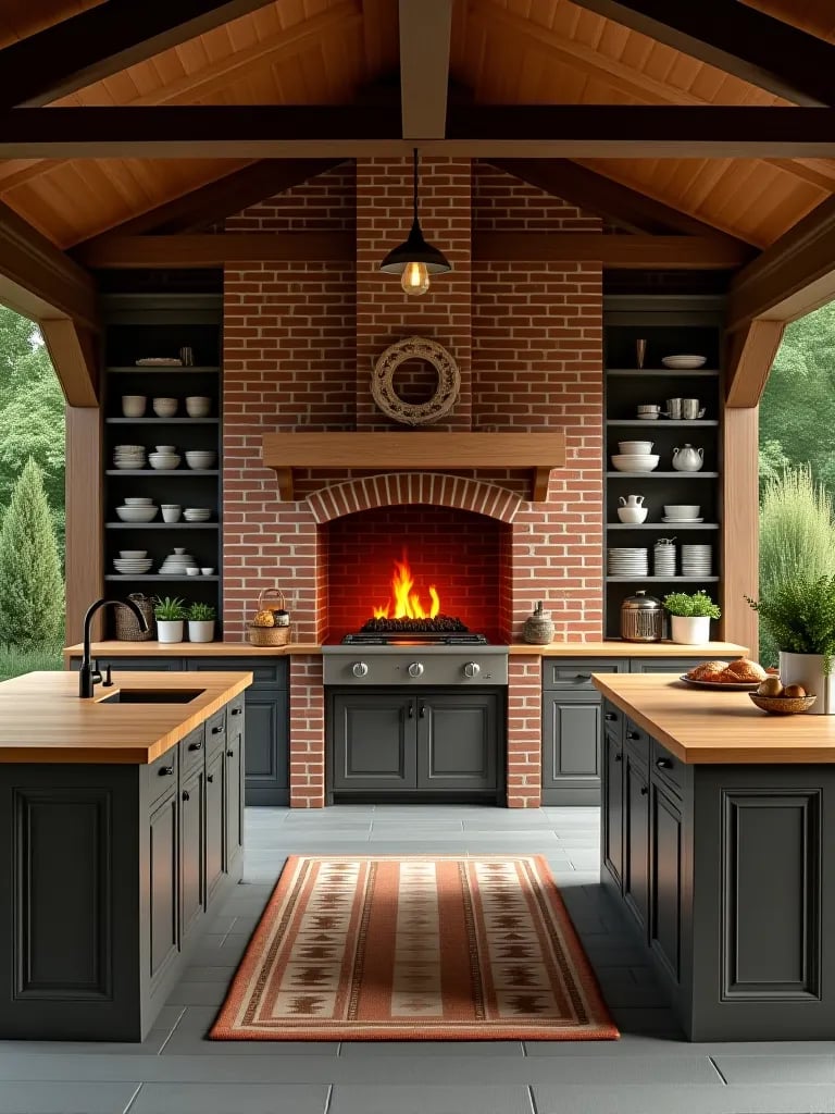 Farmhouse outdoor kitchen with brick fireplace