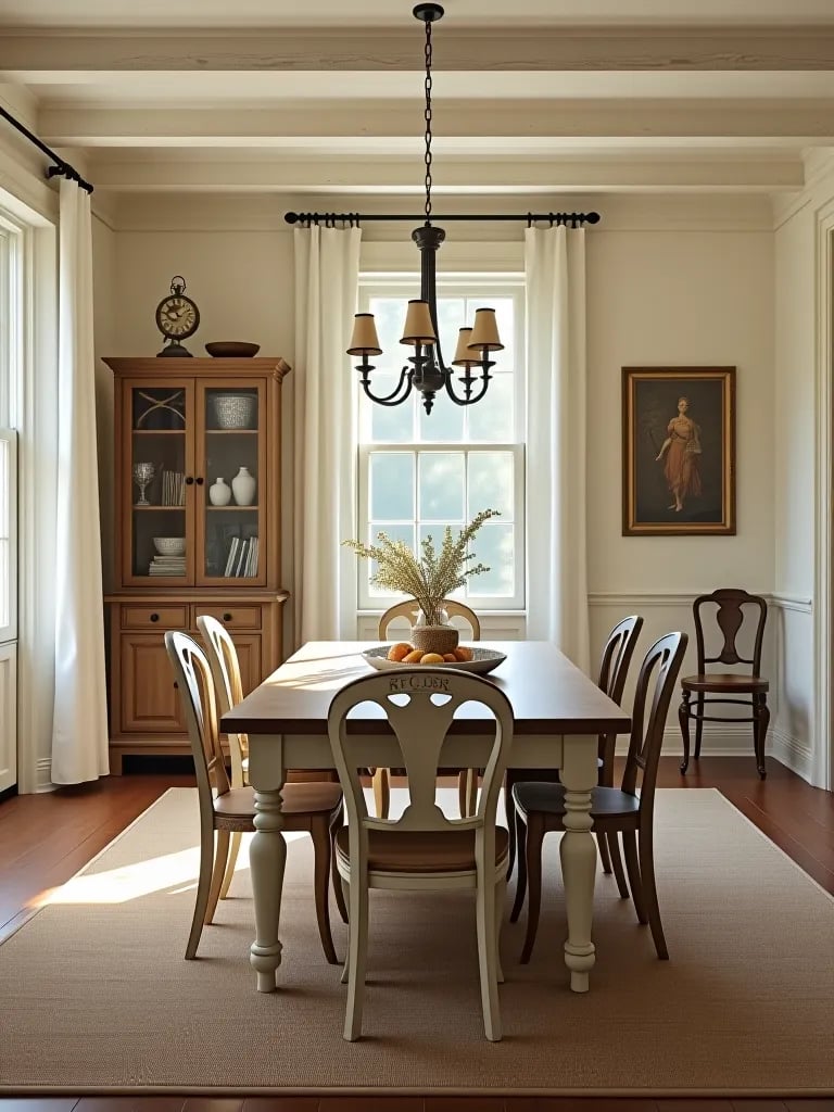 Farmhouse style dining room with creamy walls and vintage accents