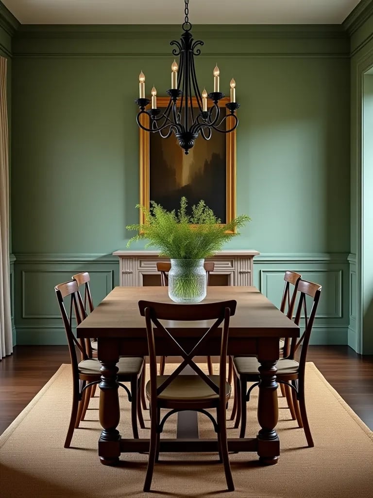Farmhouse style dining room with sage green walls and wooden furniture